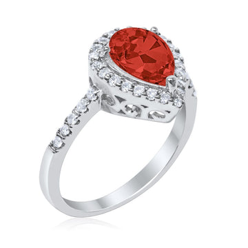 Halo Teardrop Bridal Filigree Ring Simulated Garnet CZ  925 Sterling Silver